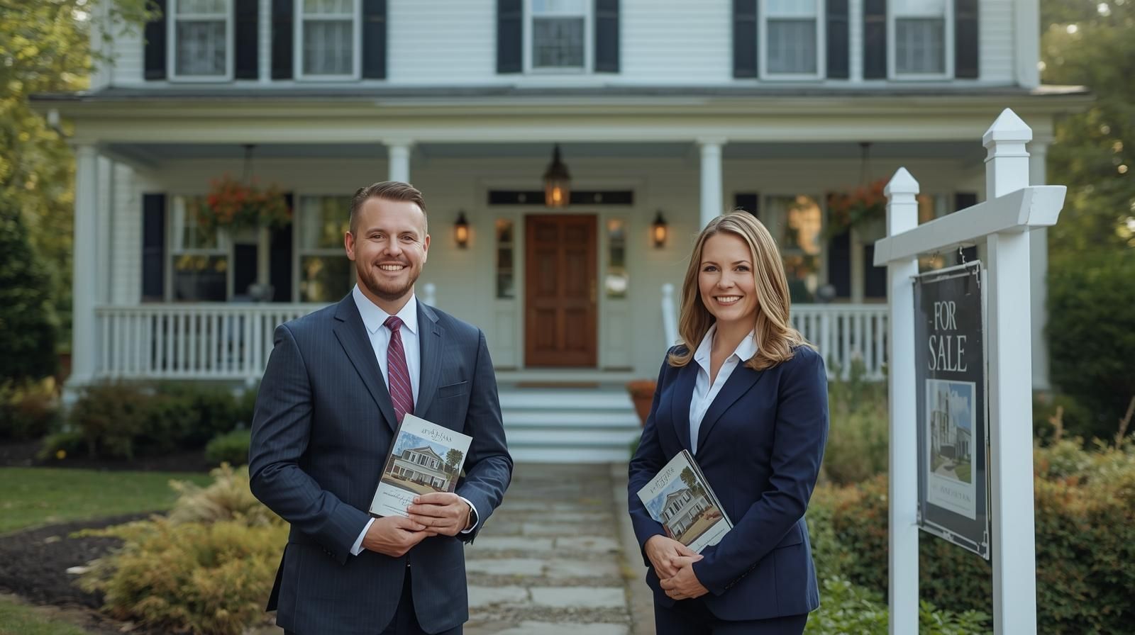Two real estate agents standing in front of a home for sale in Canterbury, CT.