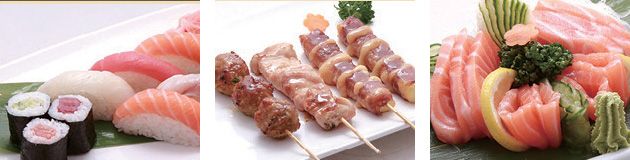 Un collage de trois photos de sushis, de brochettes et de sashimis.