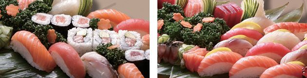 Il existe de nombreux types de sushis différents dans une assiette.