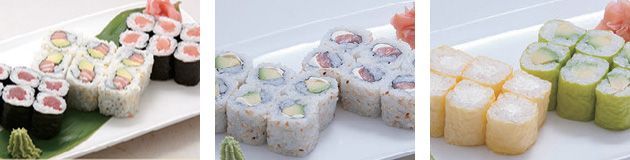Trois types de sushis différents sont sur une assiette blanche.