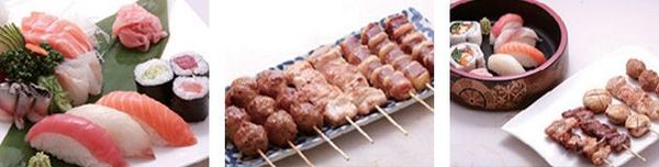 Un collage de trois photos de différents types de sushis et de brochettes.