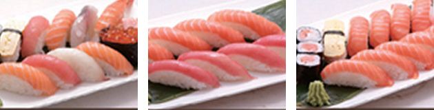 Trois types de sushis différents sont sur une assiette blanche.