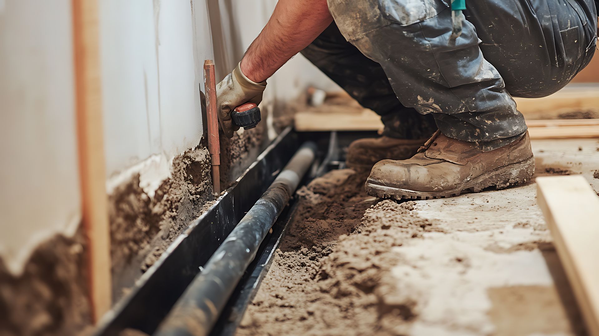A man is kneeling down on the ground while working on a pipe.