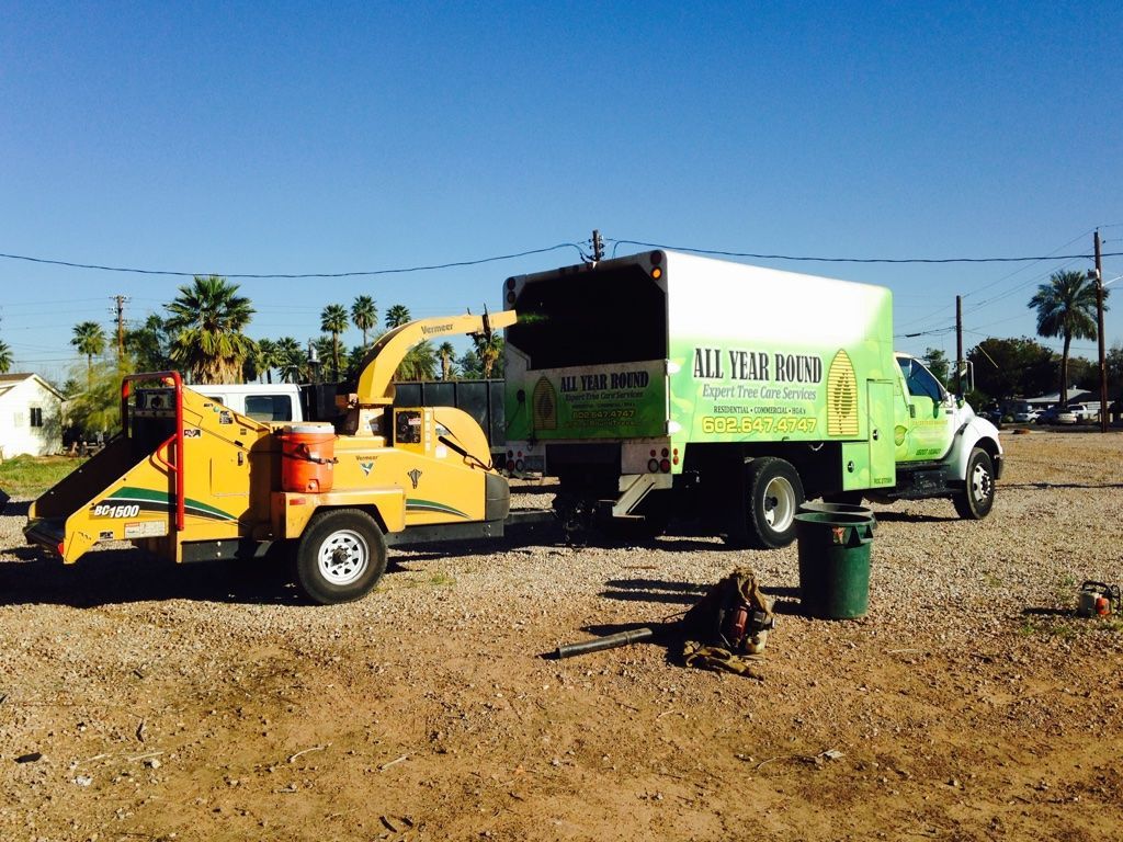 A tree chipper and green work truck, chipping wood, on a gravel lot in a sunny environment.