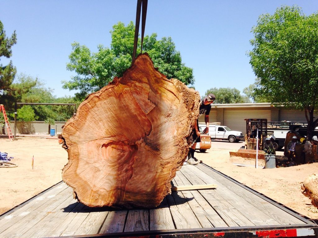A large, cut tree trunk being lifted onto a trailer by a crane, outdoors on a sunny day.
