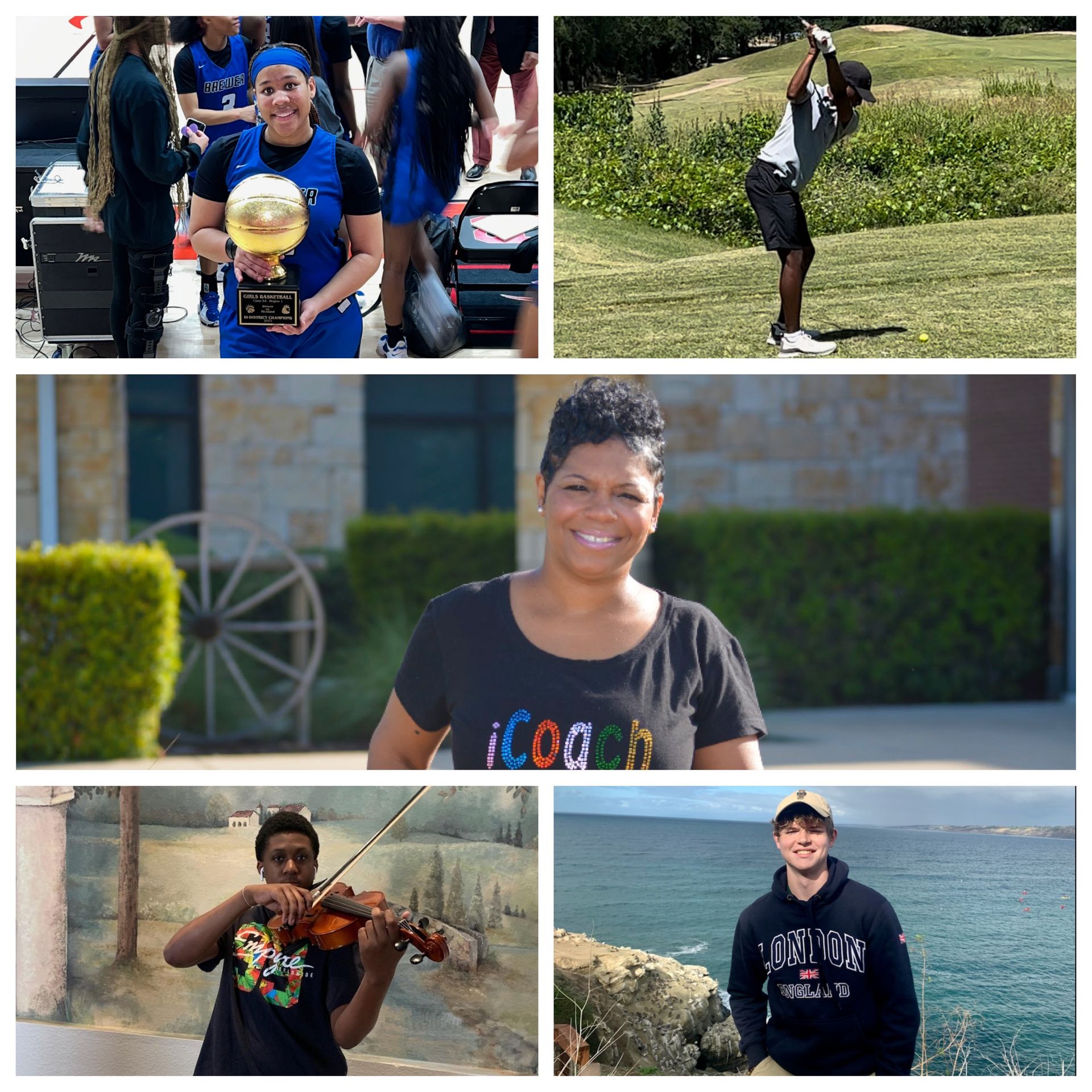 A collage of people including a woman playing a violin