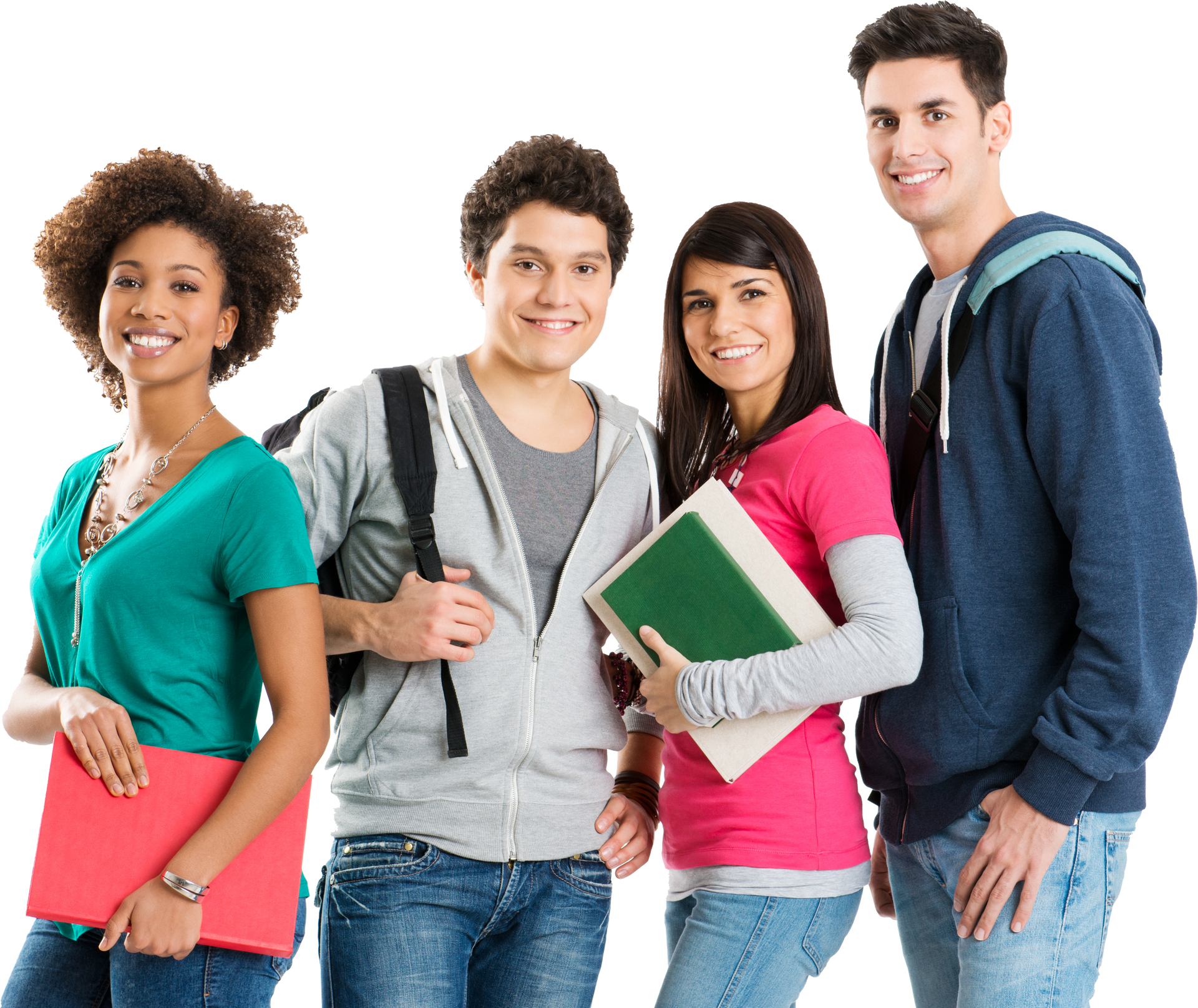 a group of young people standing next to each other holding books