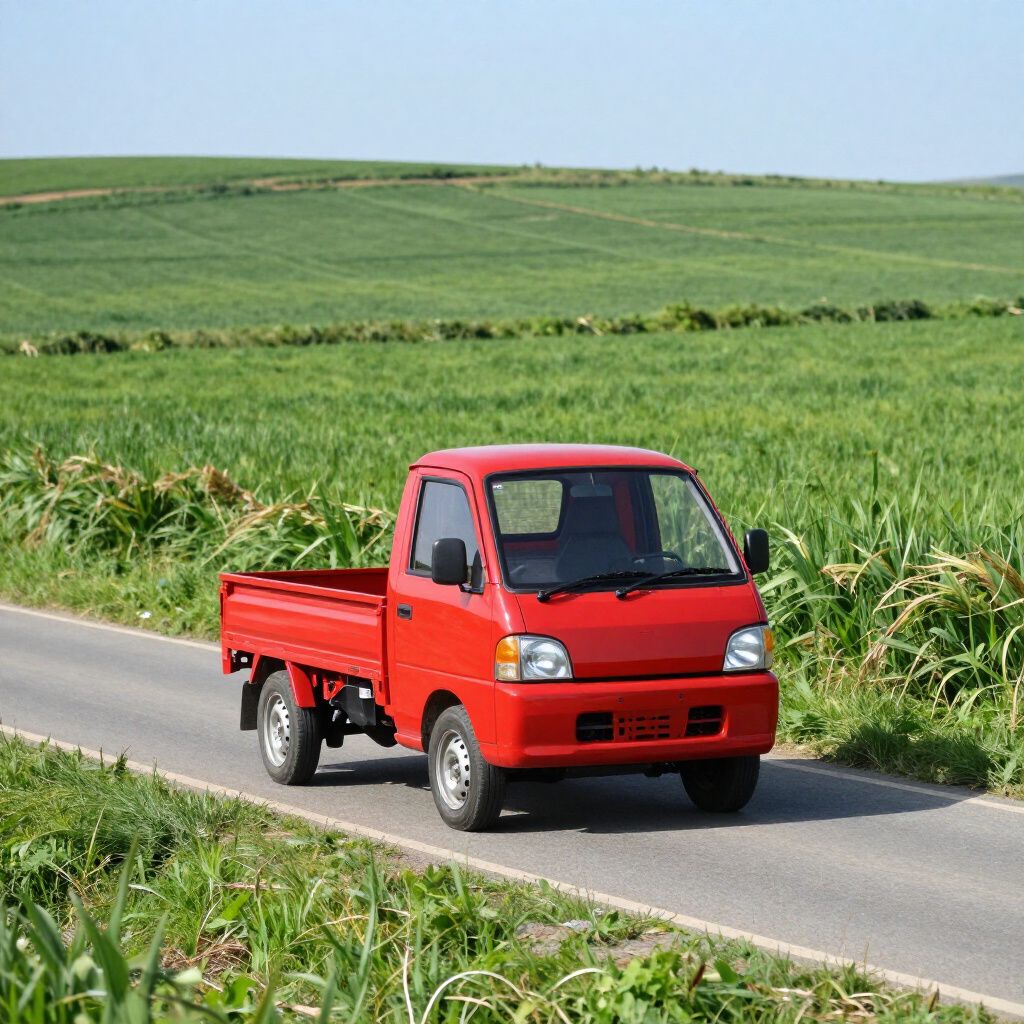 Red mini truck driving on a paved road through green fields.