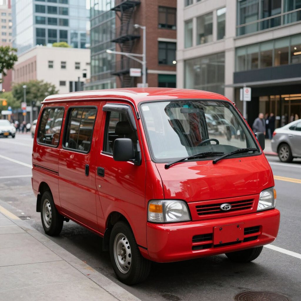 Red Kei van parked on a city street, buildings and people in the background.