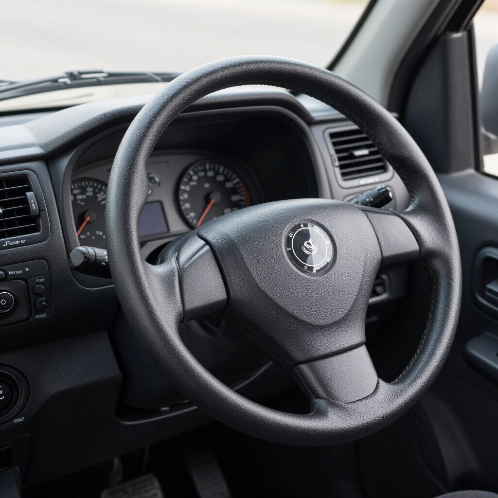 Black steering wheel in the interior of a vehicle, with dashboard and air vents visible.