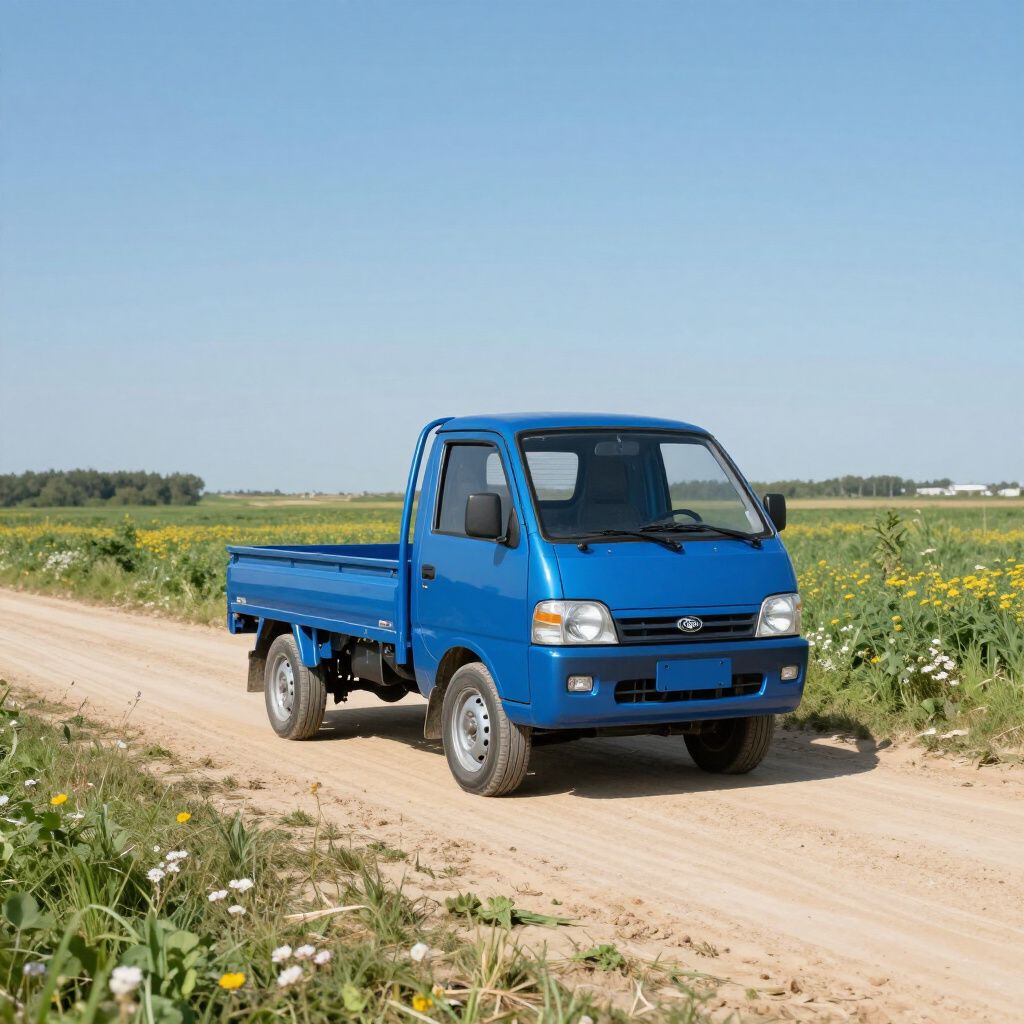 Blue mini-truck driving on a dirt road in a field of yellow flowers under a blue sky.