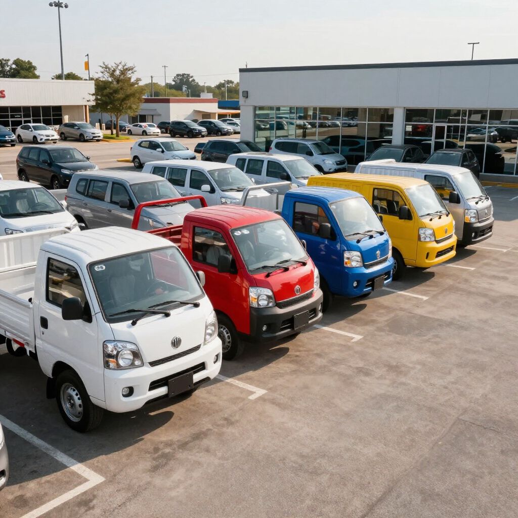 A dealership lot with a variety of colorful mini trucks parked in rows under a sunny sky.