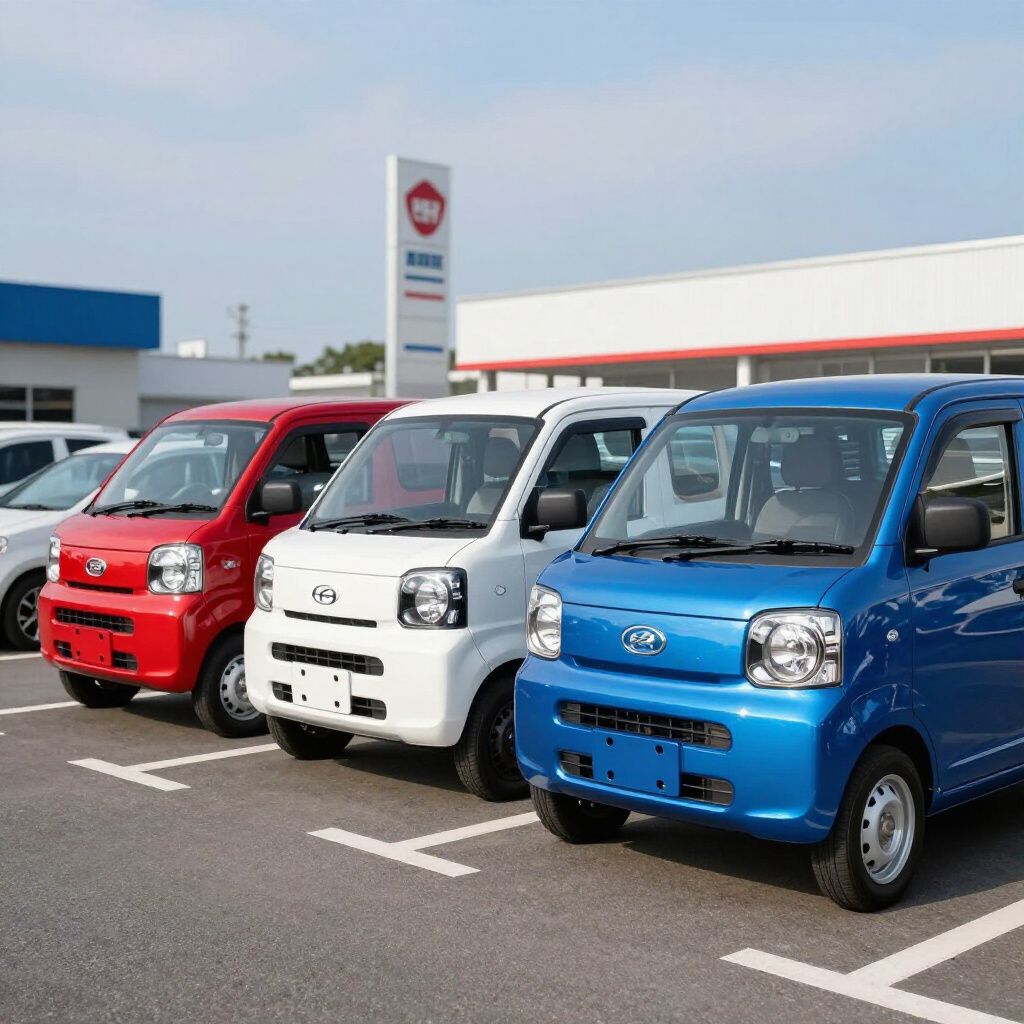 Red, white, and blue Daihatsu Hijet kei trucks parked in front of a dealership.