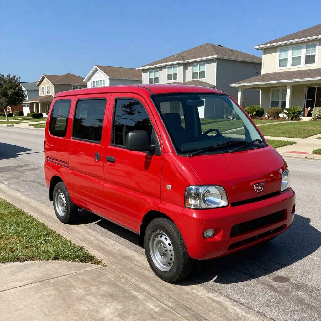 Red Daihatsu kei van parked on a suburban street in front of houses on a sunny day.