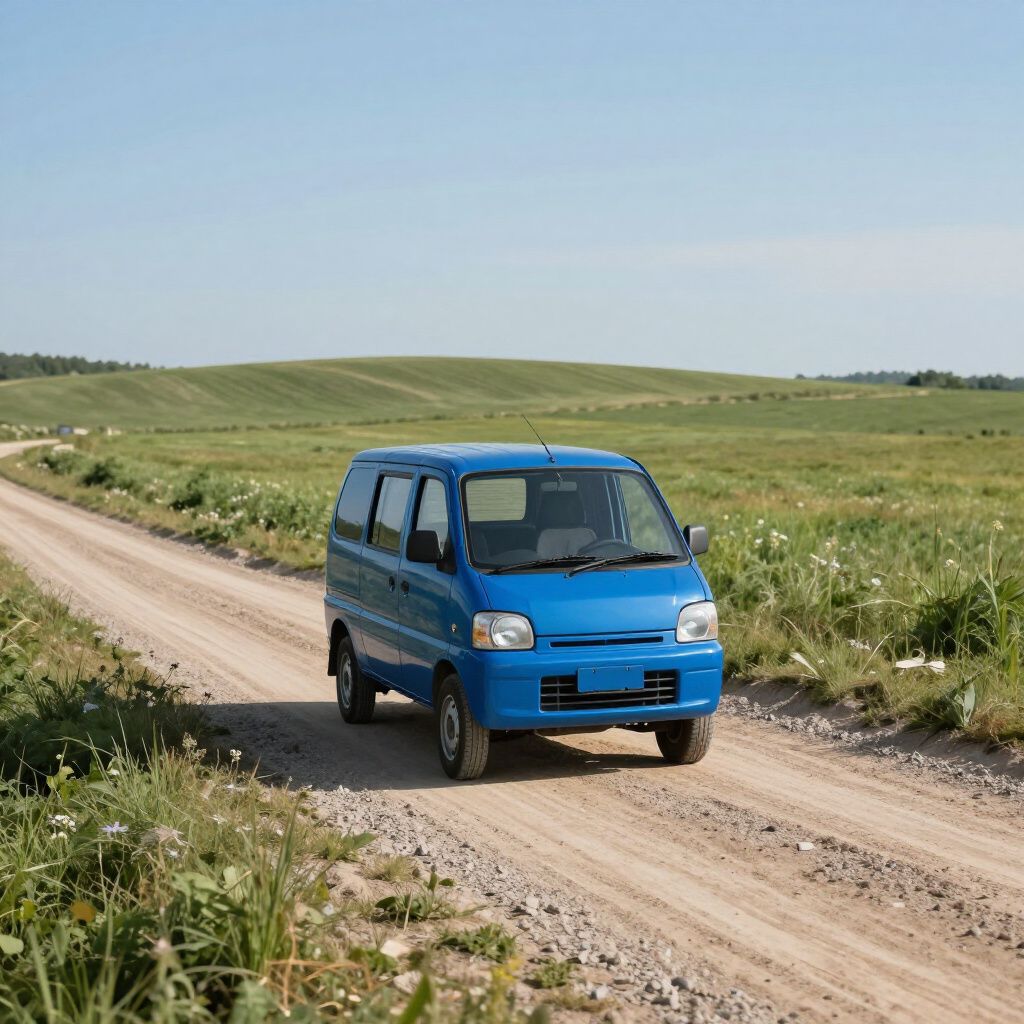 Blue minivan driving on a dirt road through a field of green grass and hills on a sunny day.