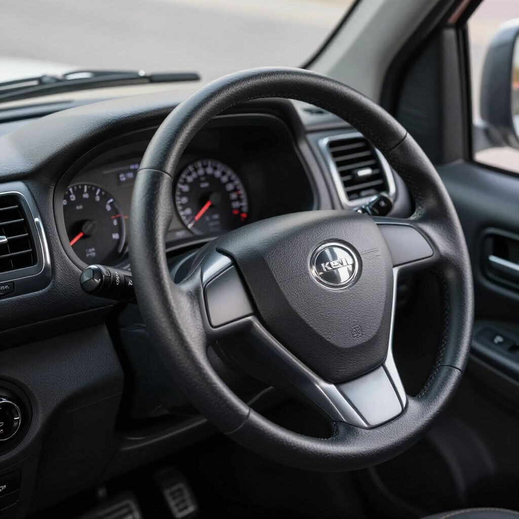Black steering wheel with instrument panel inside a vehicle.