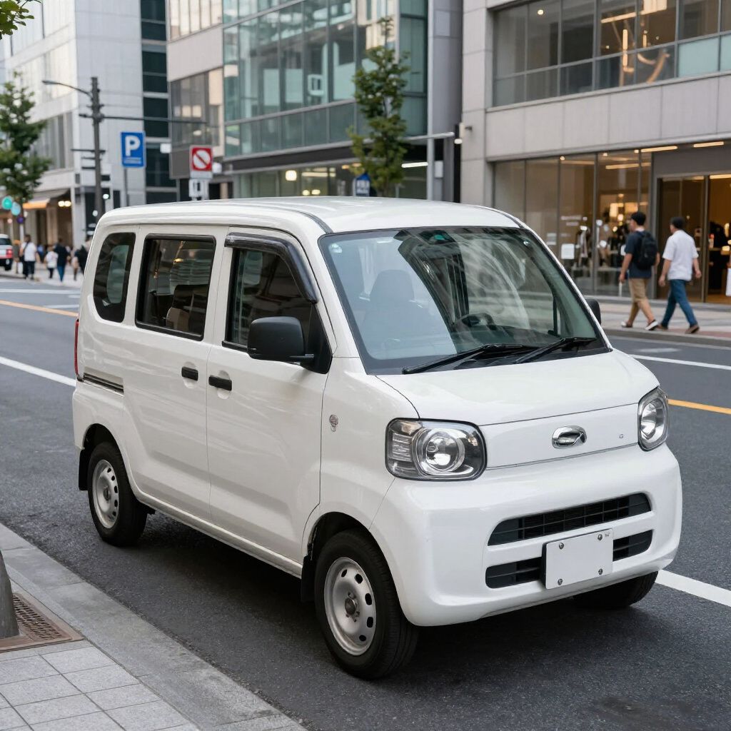 White mini-van parked on city street. Buildings, pedestrians visible in the background.