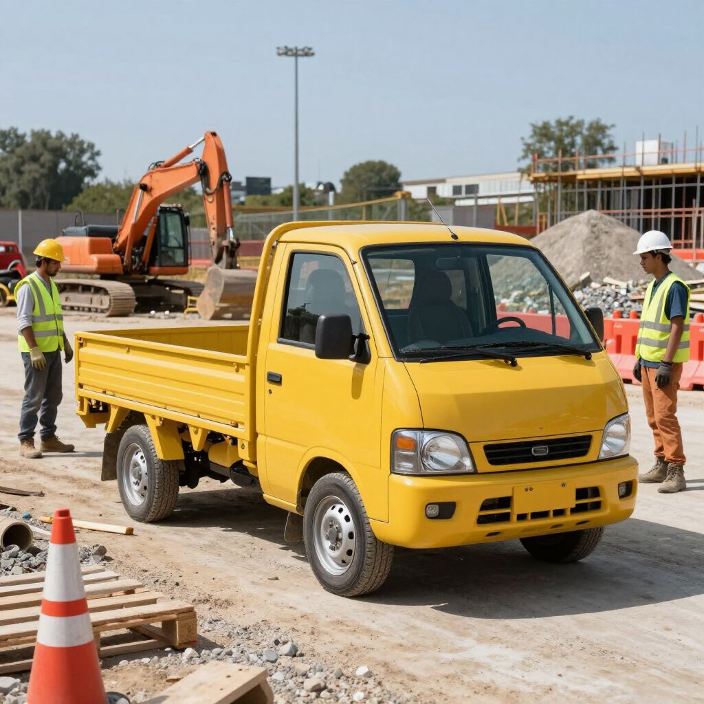 Yellow pickup truck at a construction site, workers in safety vests nearby, excavator in the background.