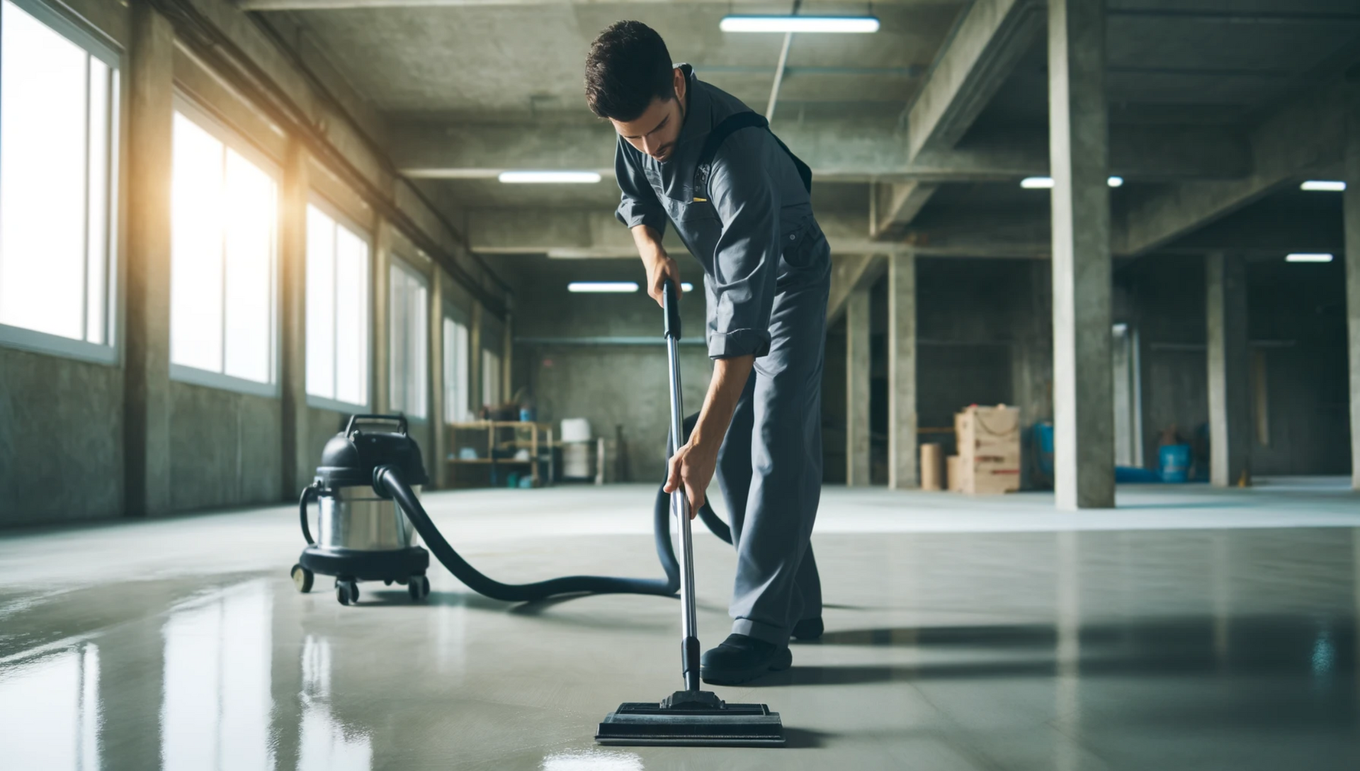 Image of person vacuuming concrete floor. 