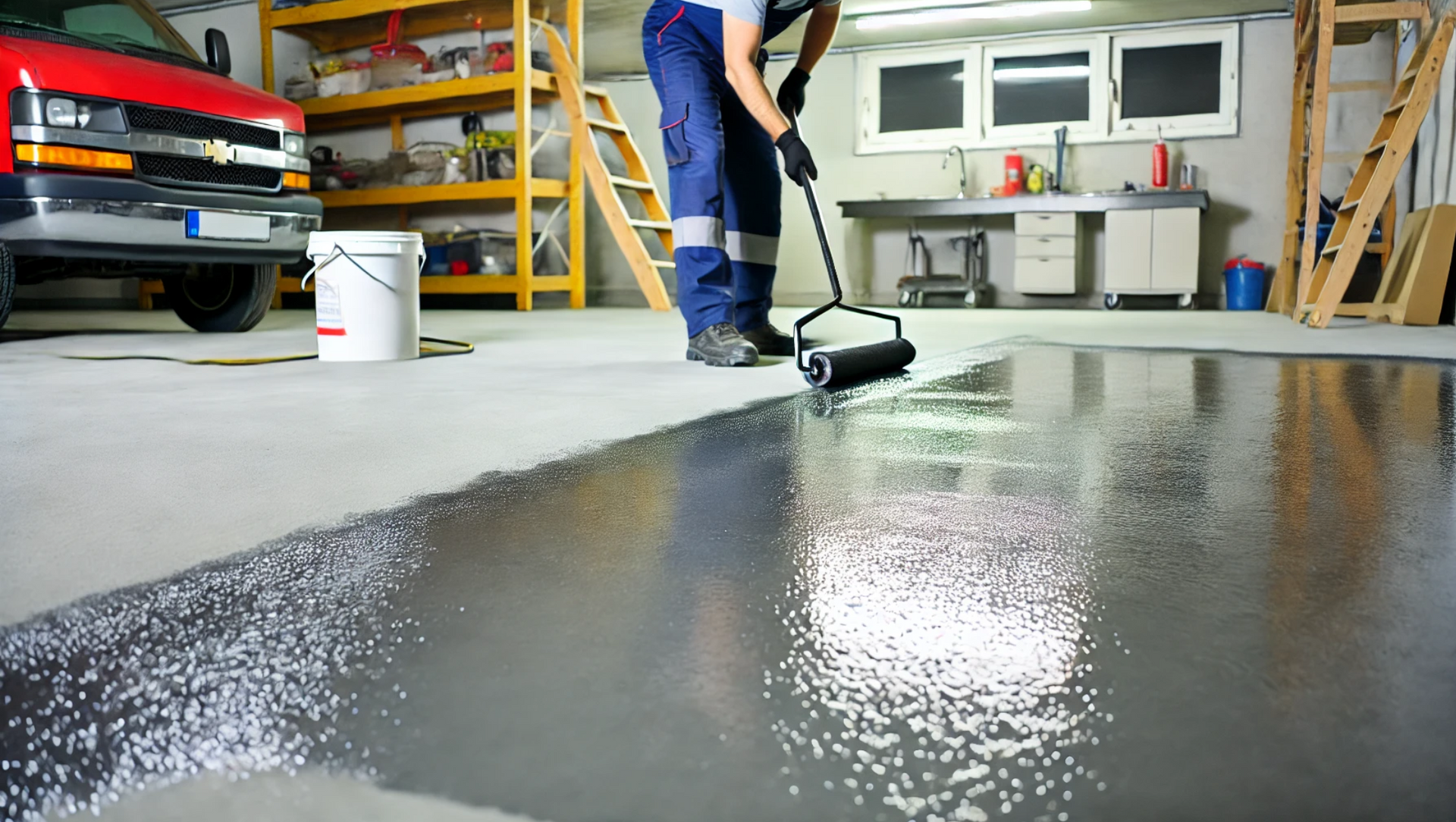  image of a contractor applying polyurea coating to a garage floor.