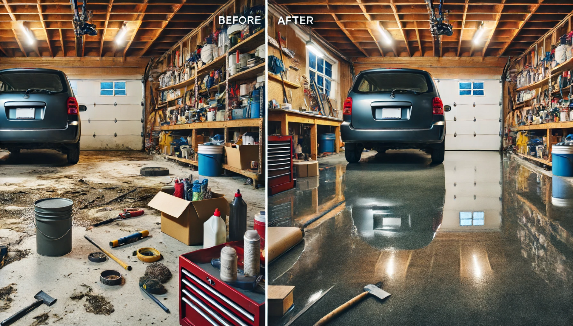 Image of garage before and after decluttering/cleaning.