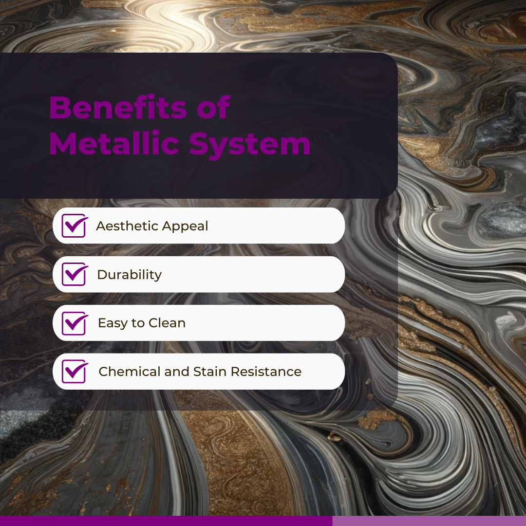 Image of benefits of epoxy metallic flooring system.