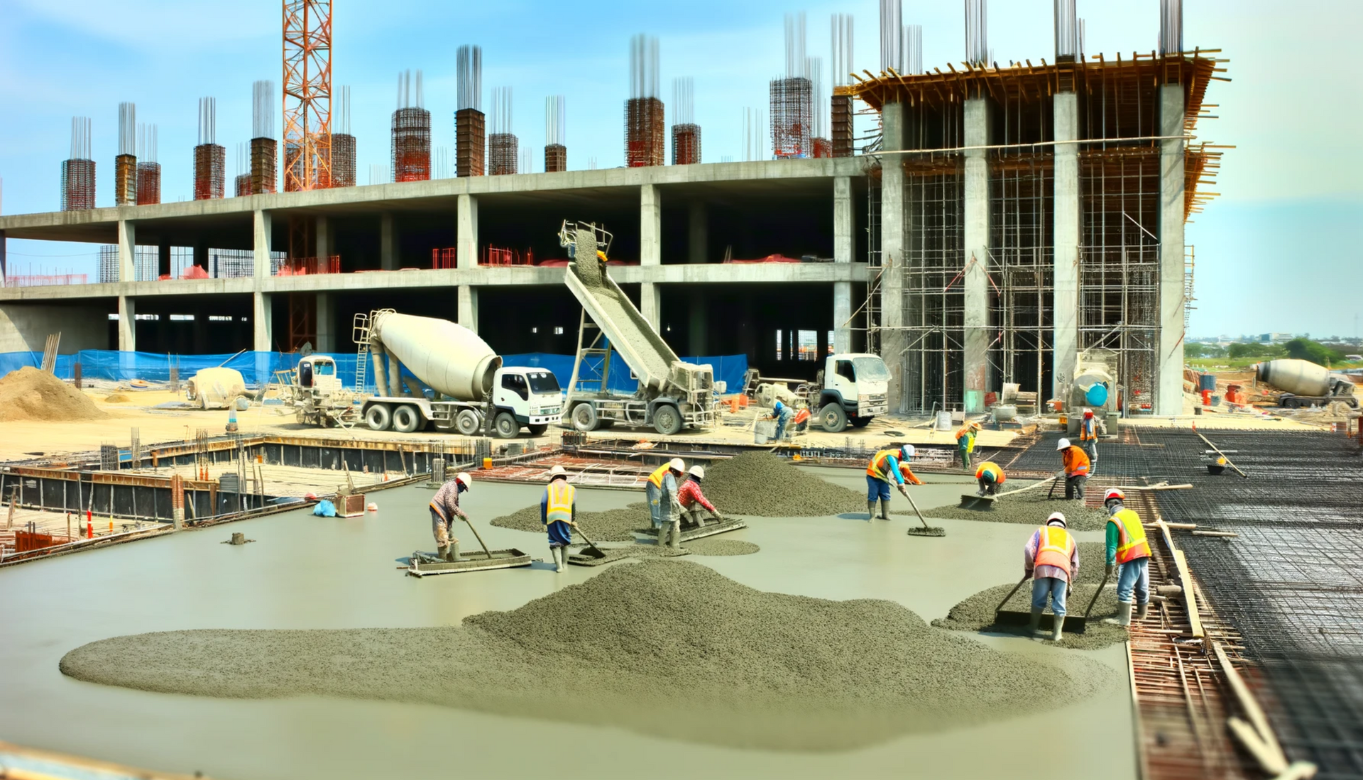 photo featuring a commercial or industrial concrete project. The image showcases a dynamic construction environment with workers engaged in concrete work, complete with safety gear, heavy machinery, and the structural elements of the site.