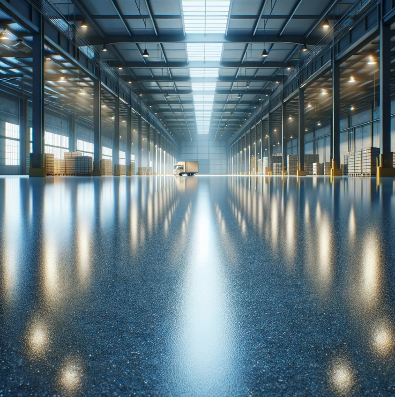 photo of commercial epoxy flooring in a modern setting. This image showcases the glossy, durable finish typical of high-quality epoxy floors in commercial environments