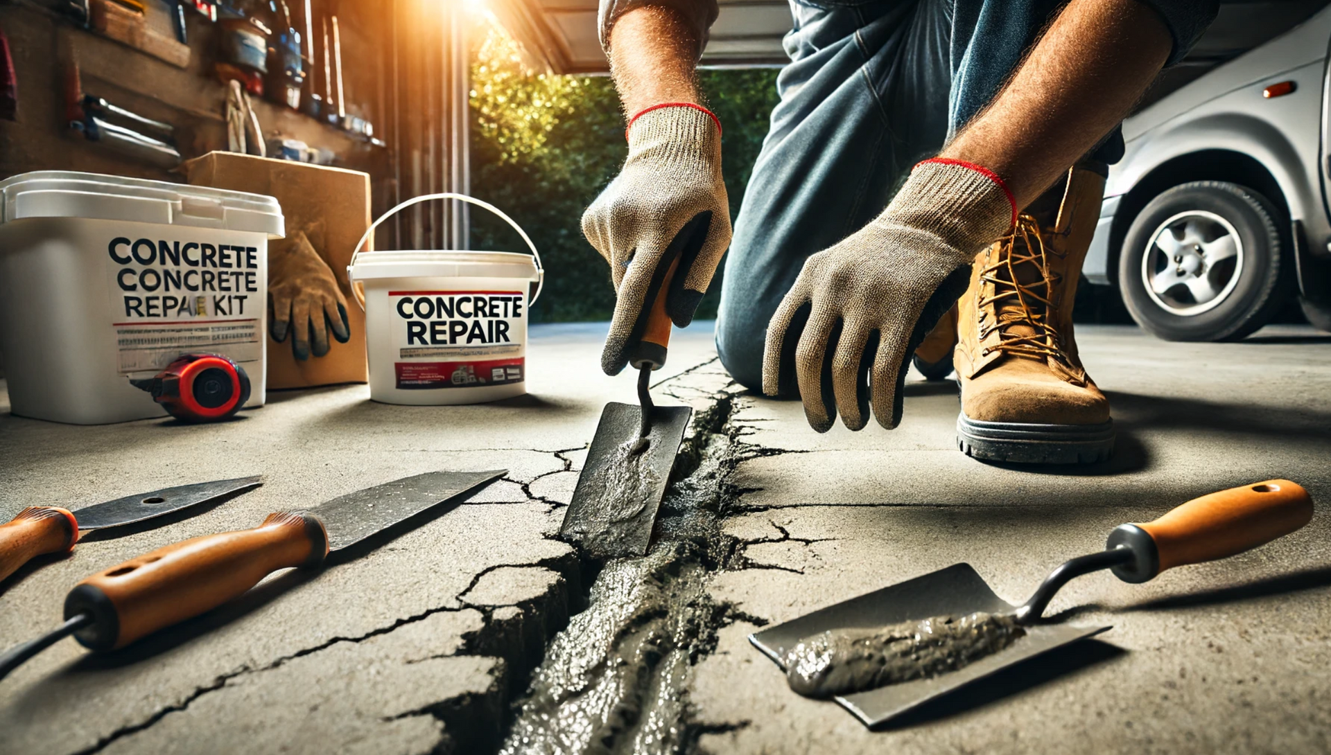 Image of person repairing garage floor cracks.