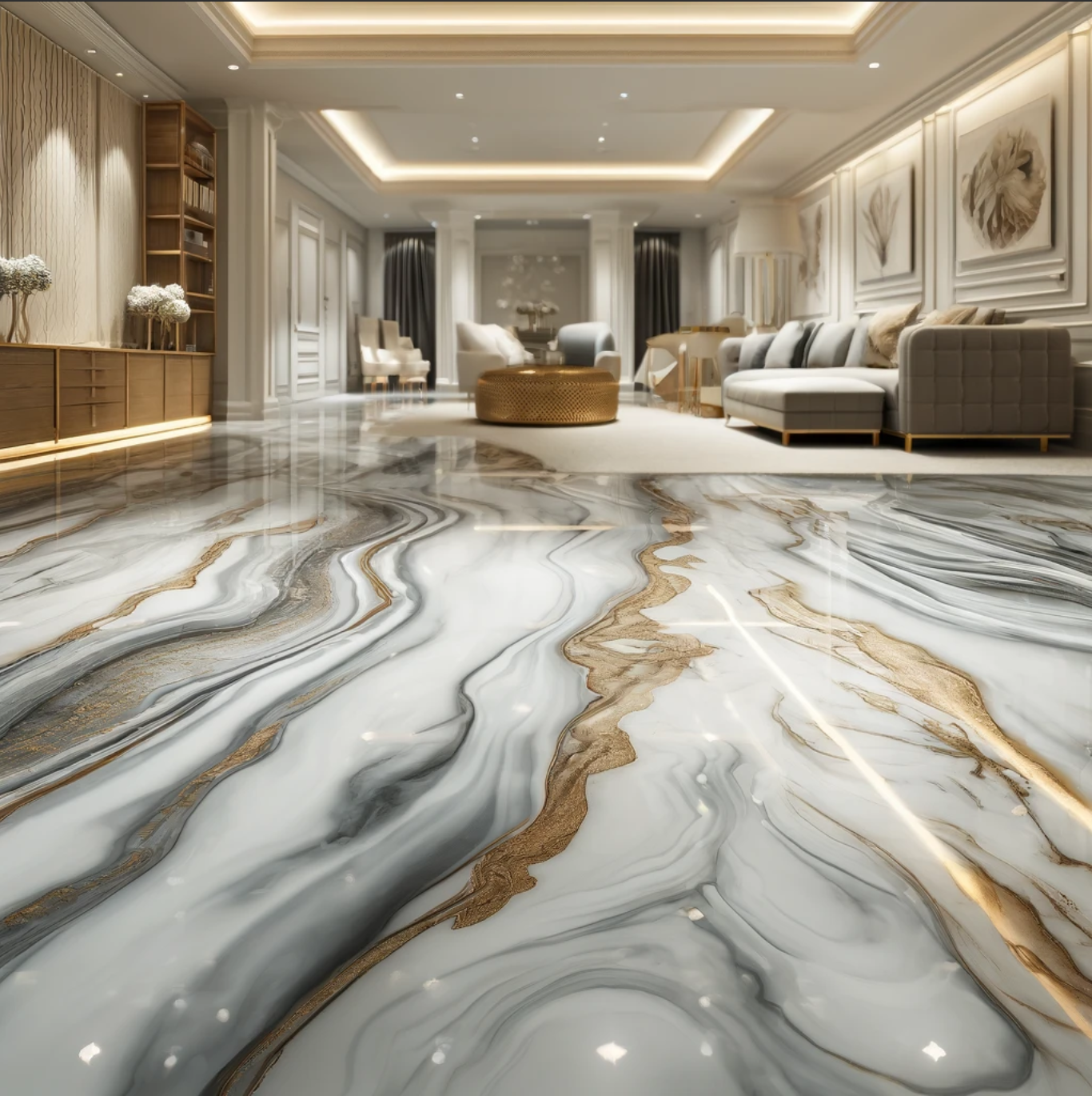 epoxy basement floor styled to resemble marble. This design features an elegant marble effect with intricate veins and swirls, enhancing the luxurious feel of the space.