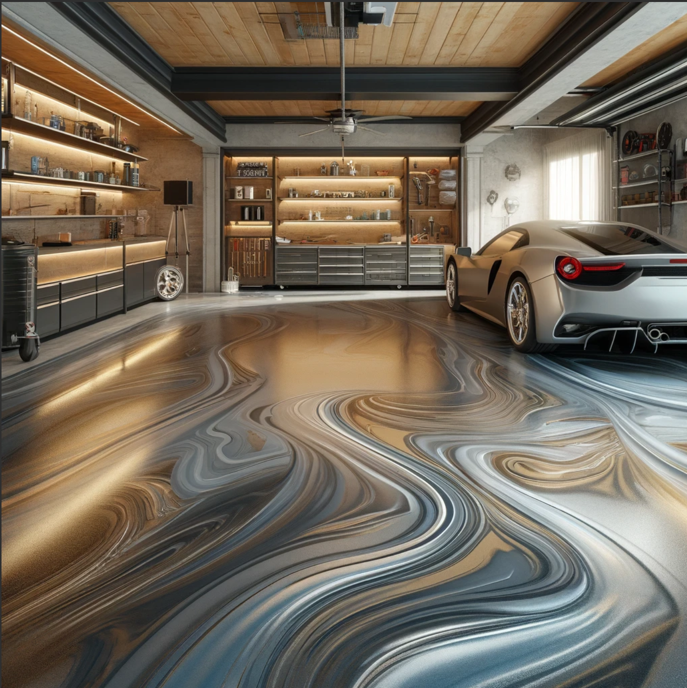 garage floor with metallic epoxy, showcasing a less modern but richly textured metallic finish. This design integrates classic garage elements with a sophisticated look, suitable for a functional yet aesthetically pleasing garage 