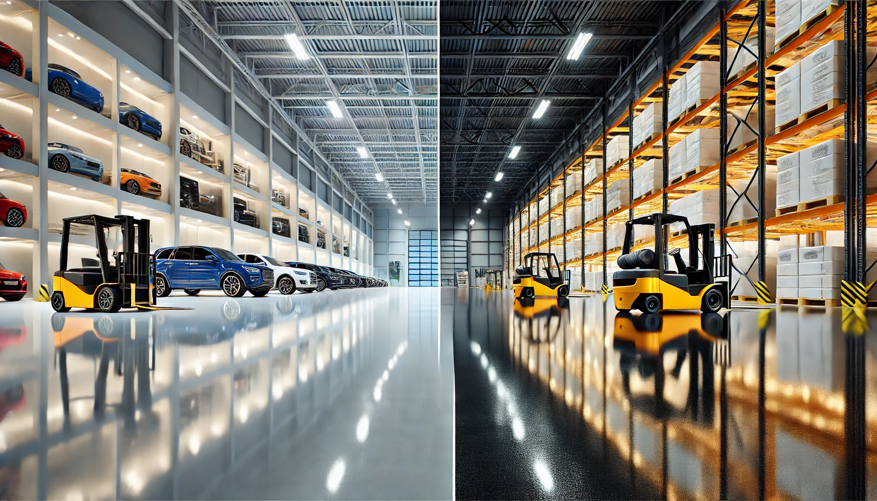 A warehouse filled with cars and forklifts.