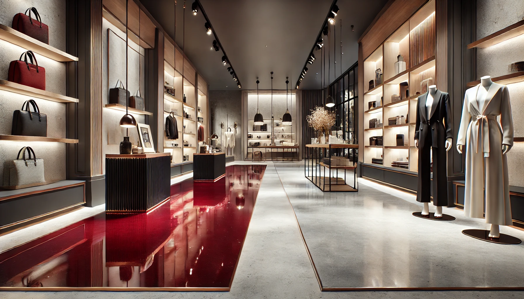 Elegant high-end retail store interior showcasing contrasting flooring types: epoxy and concrete.