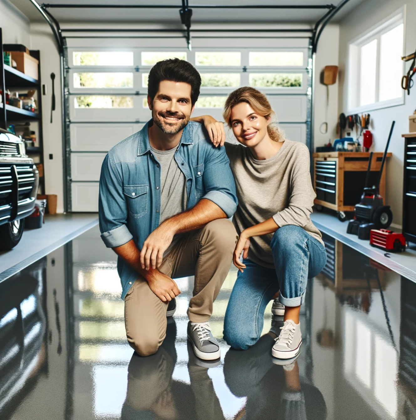 Image of happy costumers and their new epoxy garage floors