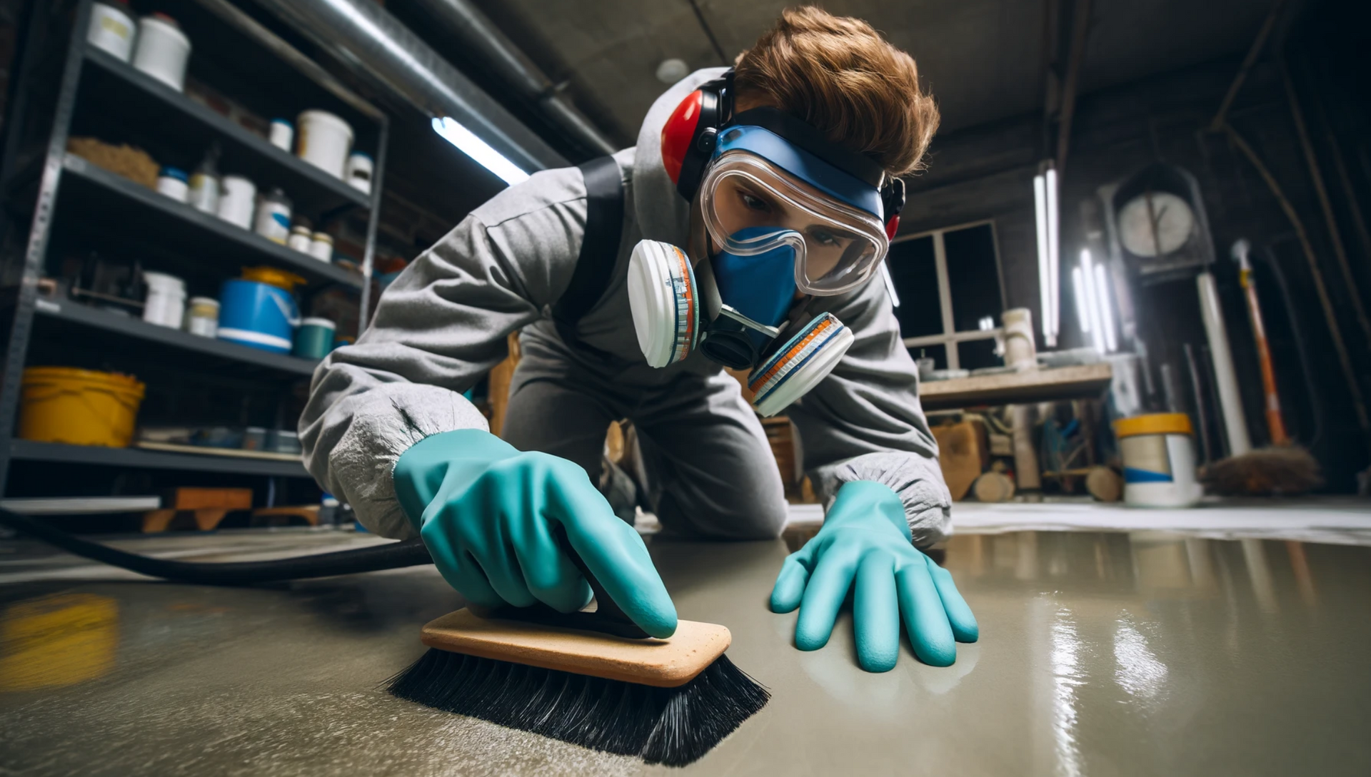 Photo of a person etching concrete to prepare it for epoxy application