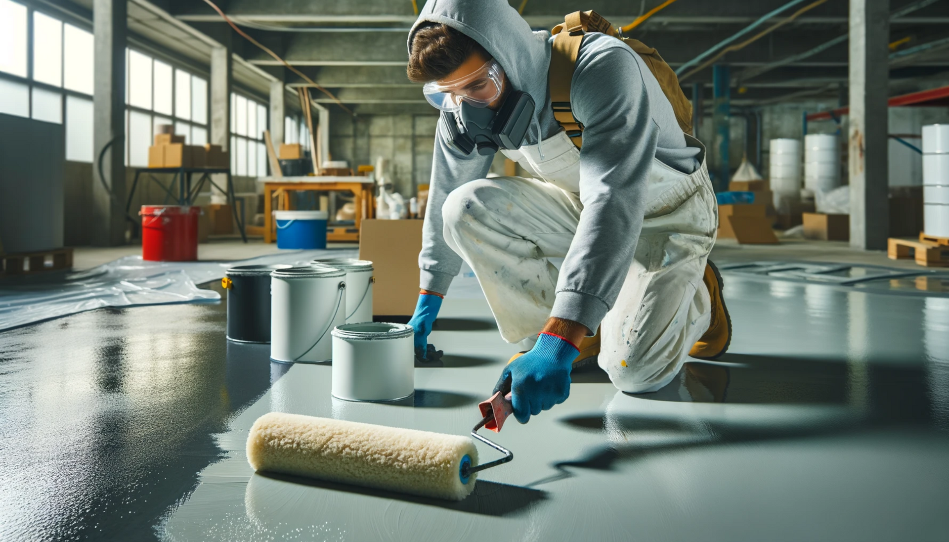 Photo of a person applying primer to a concrete surface in preparation for an epoxy floor application.