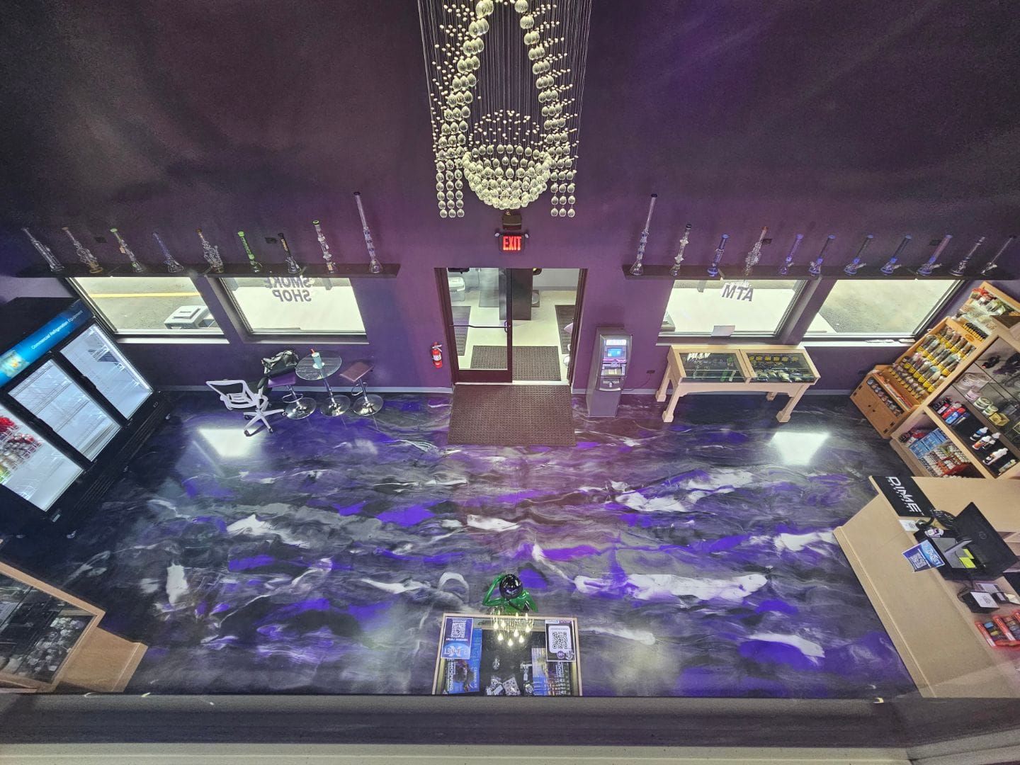Purple white and black epoxy floor design for store business