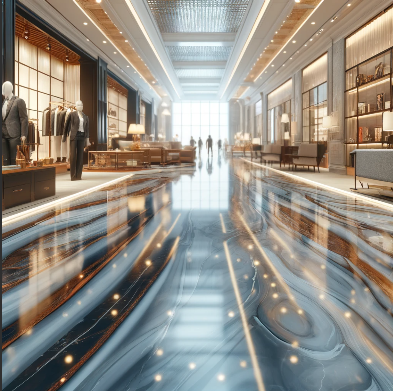 photo of epoxy flooring in a retail setting. This image showcases a stylish and elegant floor design that enhances the overall shopping experience in a modern retail environment. 