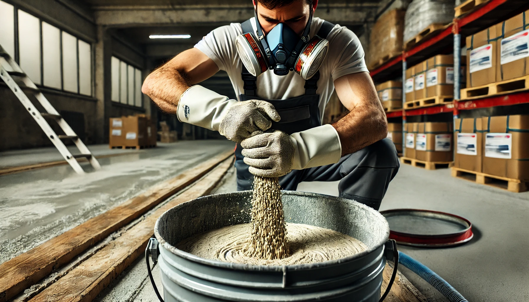 A man wearing a gas mask is pouring silica sand into a bucket in a warehouse.