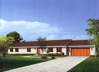 An artist 's impression of a house with a red garage door
