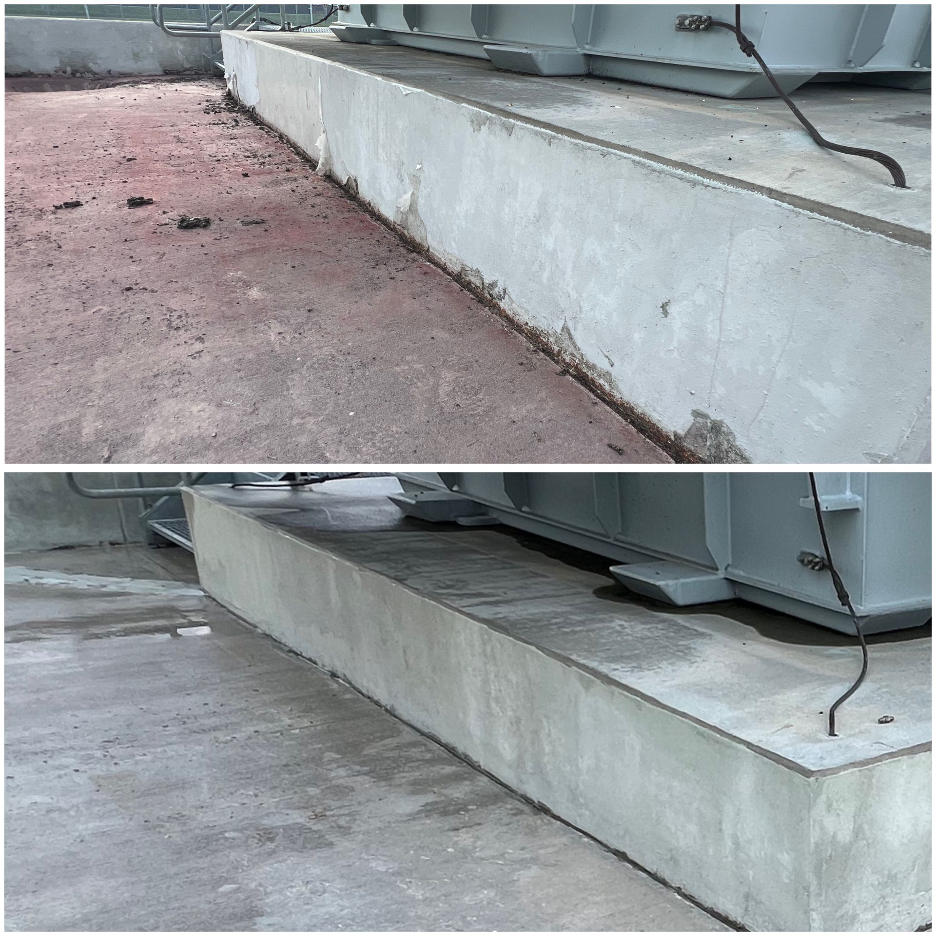 Before and after view of a concrete transformer base showing cleaning and restoration work on the surface and ground.