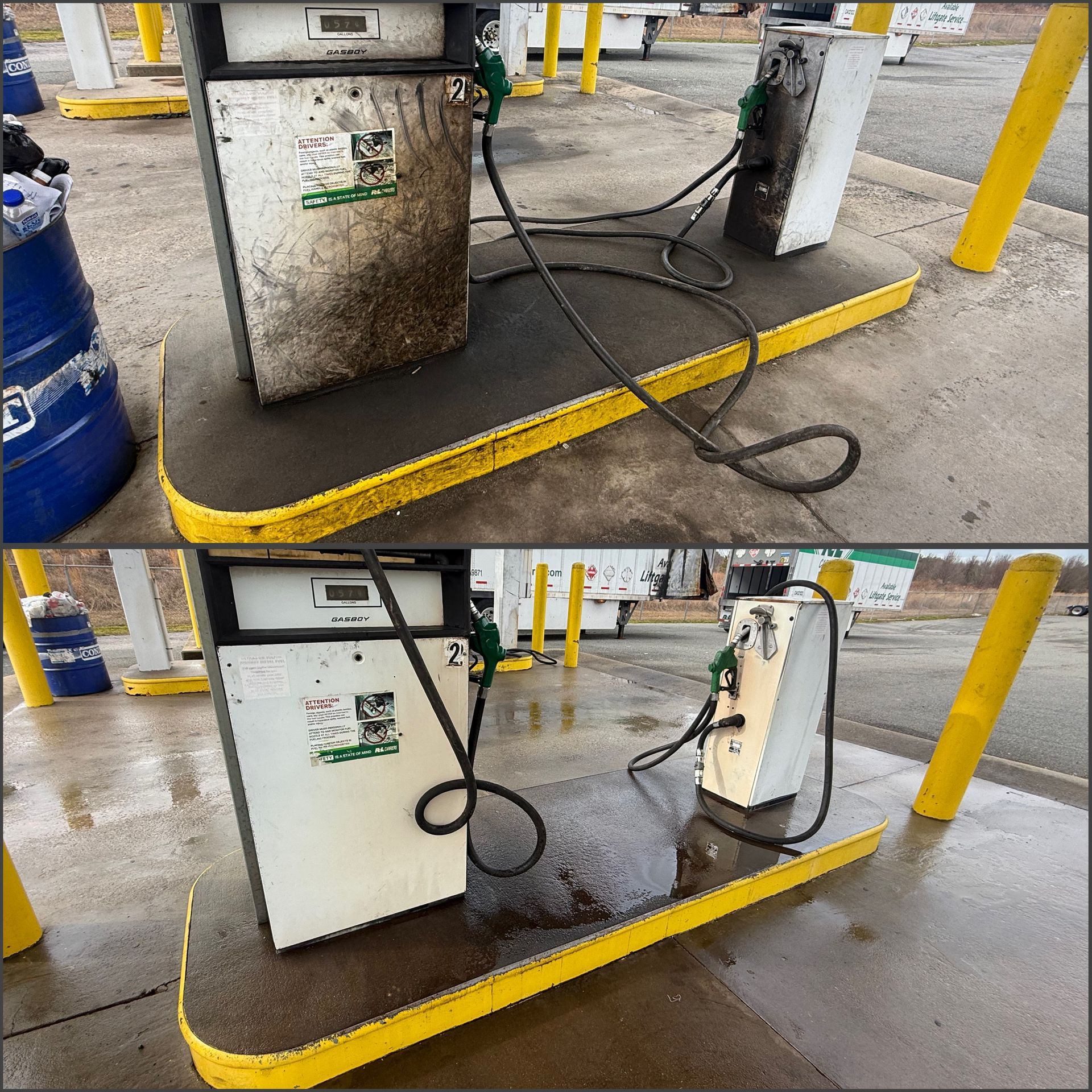 Person in white boots power washing a concrete surface.