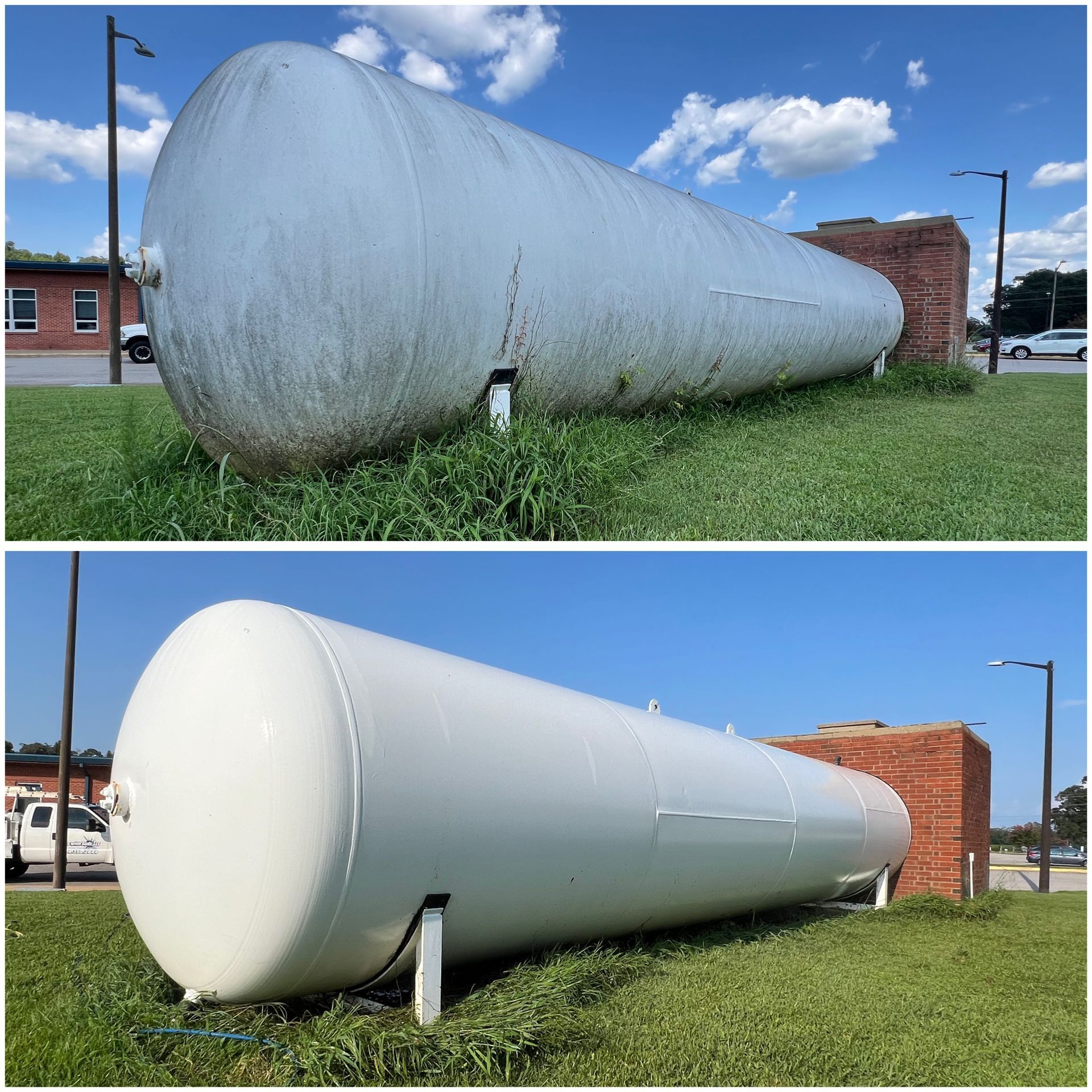 A before-and-after comparison of a large, cylindrical propane tank being cleaned and repainted bright white.