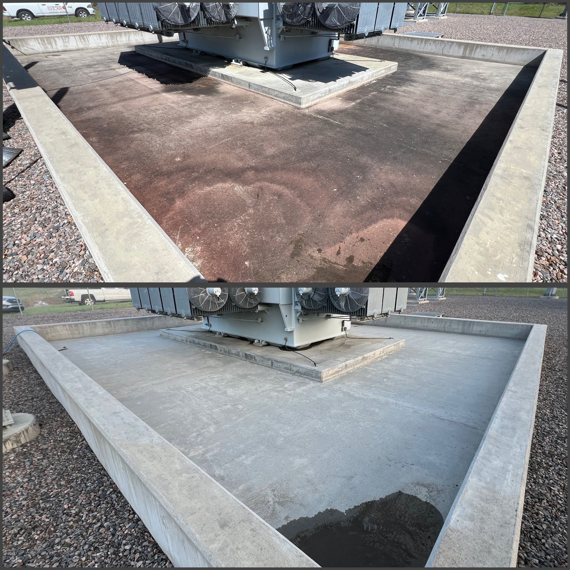 A before-and-after comparison showing a transformer containment area being power-washed clean of oil stains.
