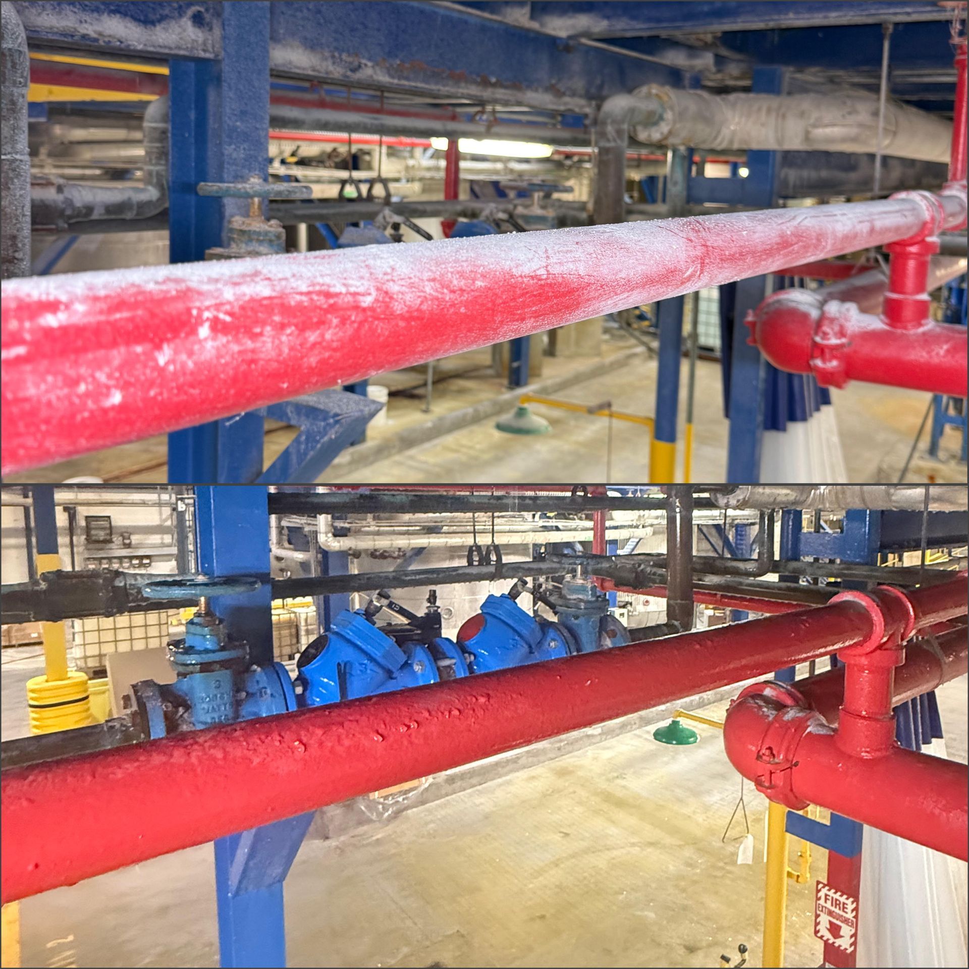 Person in white boots power washing a concrete walkway with soapy water. White columns and building in background.
