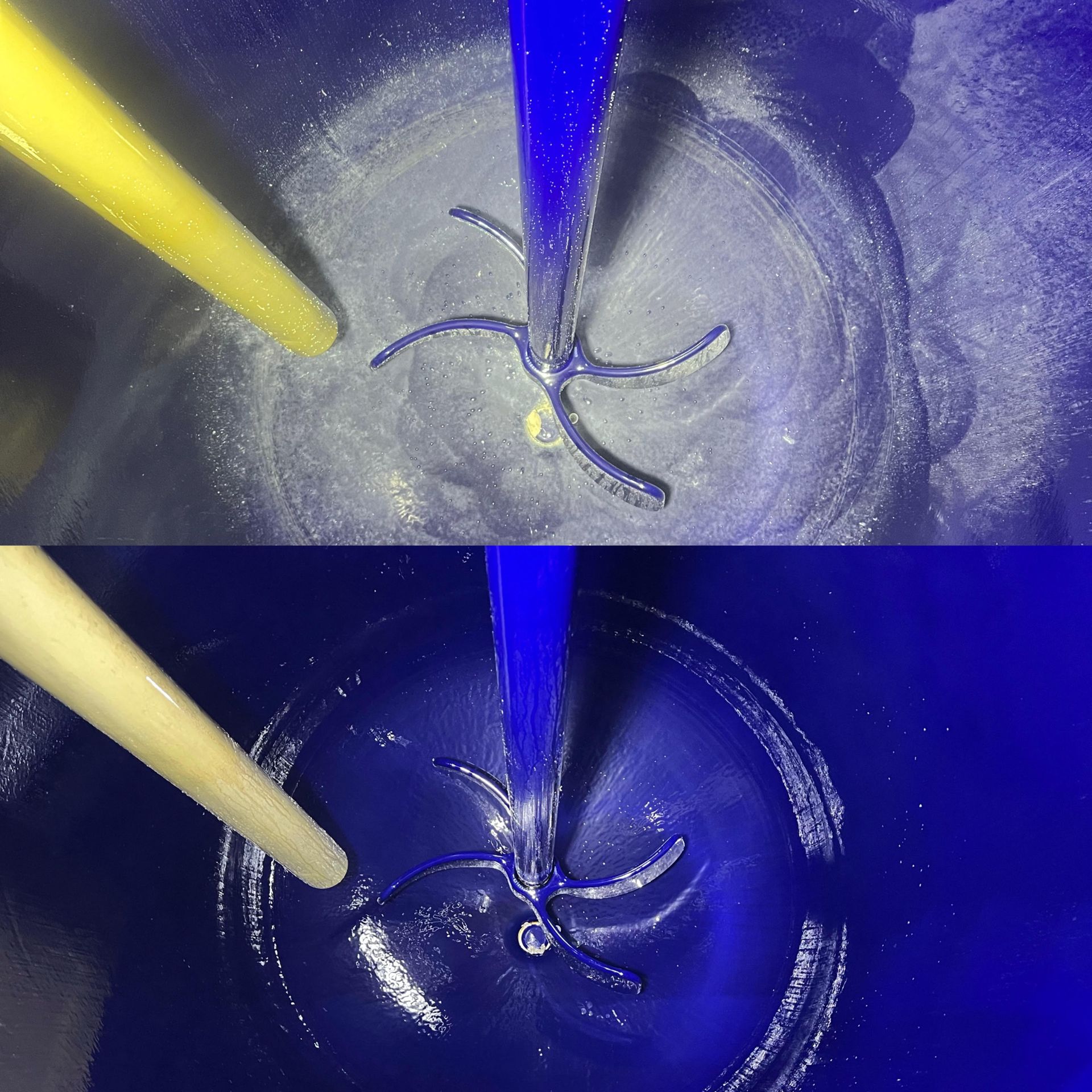 A split-screen view of a mechanical stirrer in a blue vat, showing the transition from dry, powdery material to wet mixture.