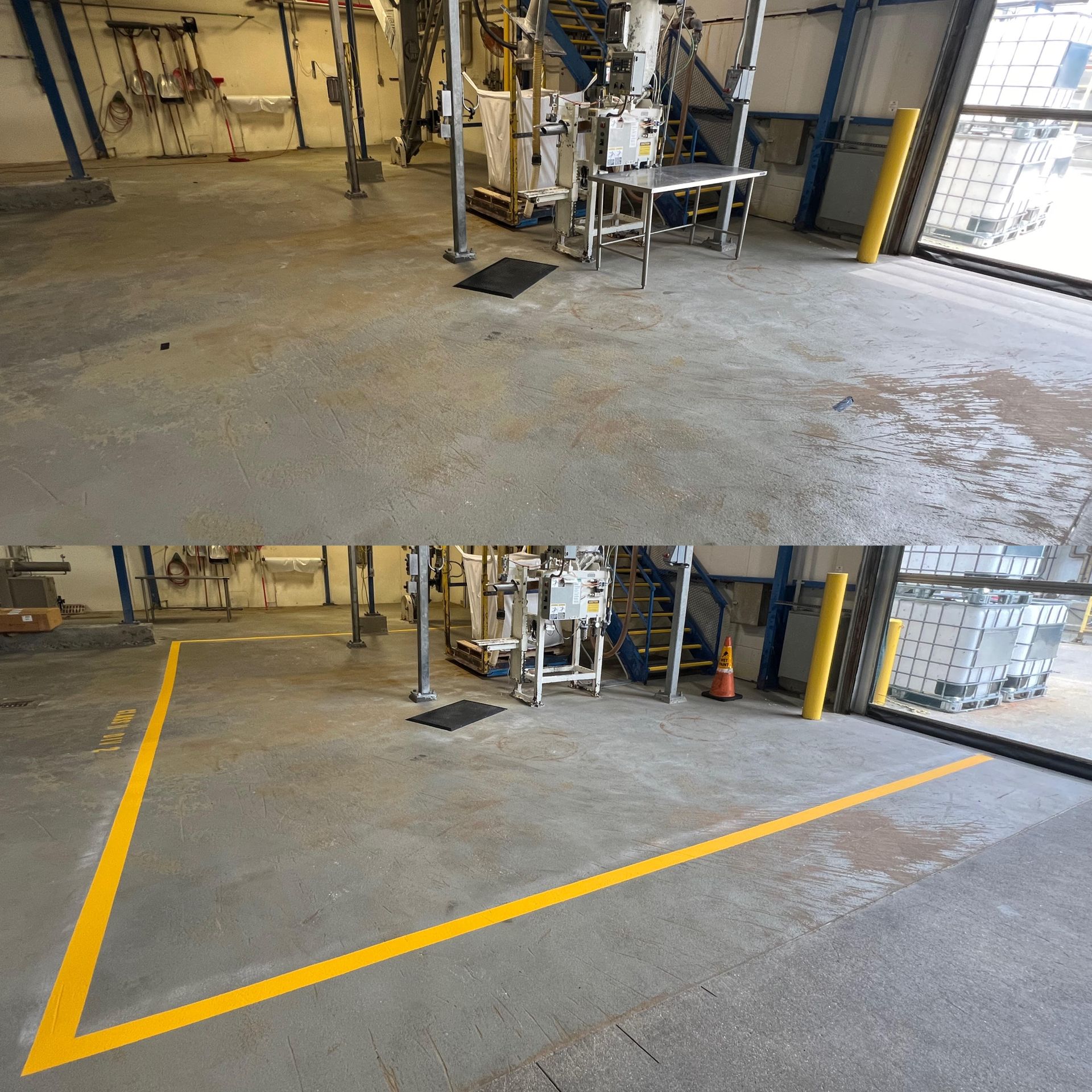 Before-and-after view of a warehouse floor where bright yellow safety lines have been painted to mark a designated area.