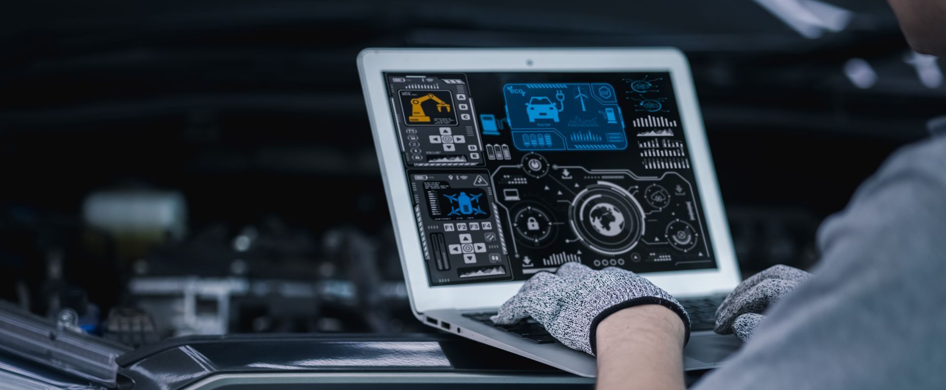 Person using a tablet with a futuristic car dashboard display in the background
