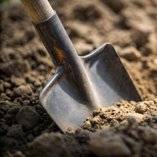 Shovel digging into soil; close-up view.