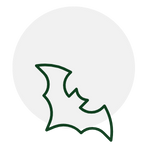 Silhouette of a bat in front of a white circle, likely a moon. Dark green outline.